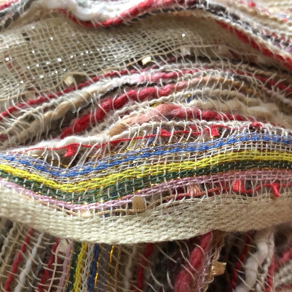 Woven Lurex Fringe Beige Multi Color Gold Silver Embellished Scarf 64” long - Picture 5 of 5